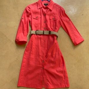 Tahari linen/rayon, lined shirt dress w/belt, 3/4 sleeves with tabs for rolling